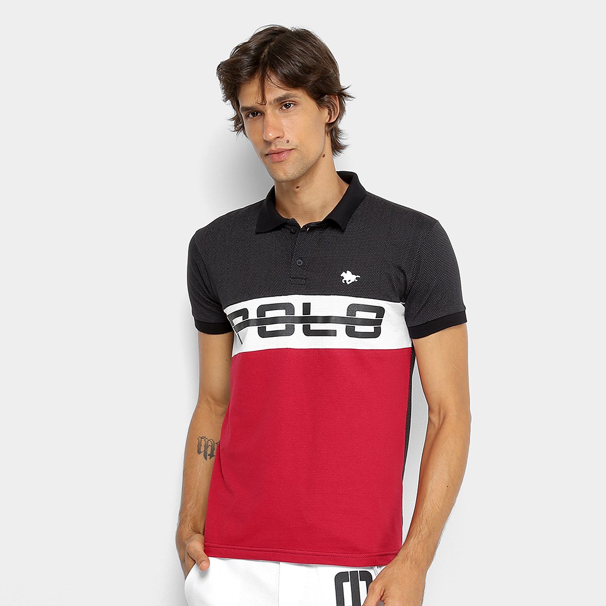 Camisa Polo RG 518 Recortes Masculina - Preto+Vermelho Menor preço em Camisa Polo RG 518 Recortes Masculina - Preto+Vermelho