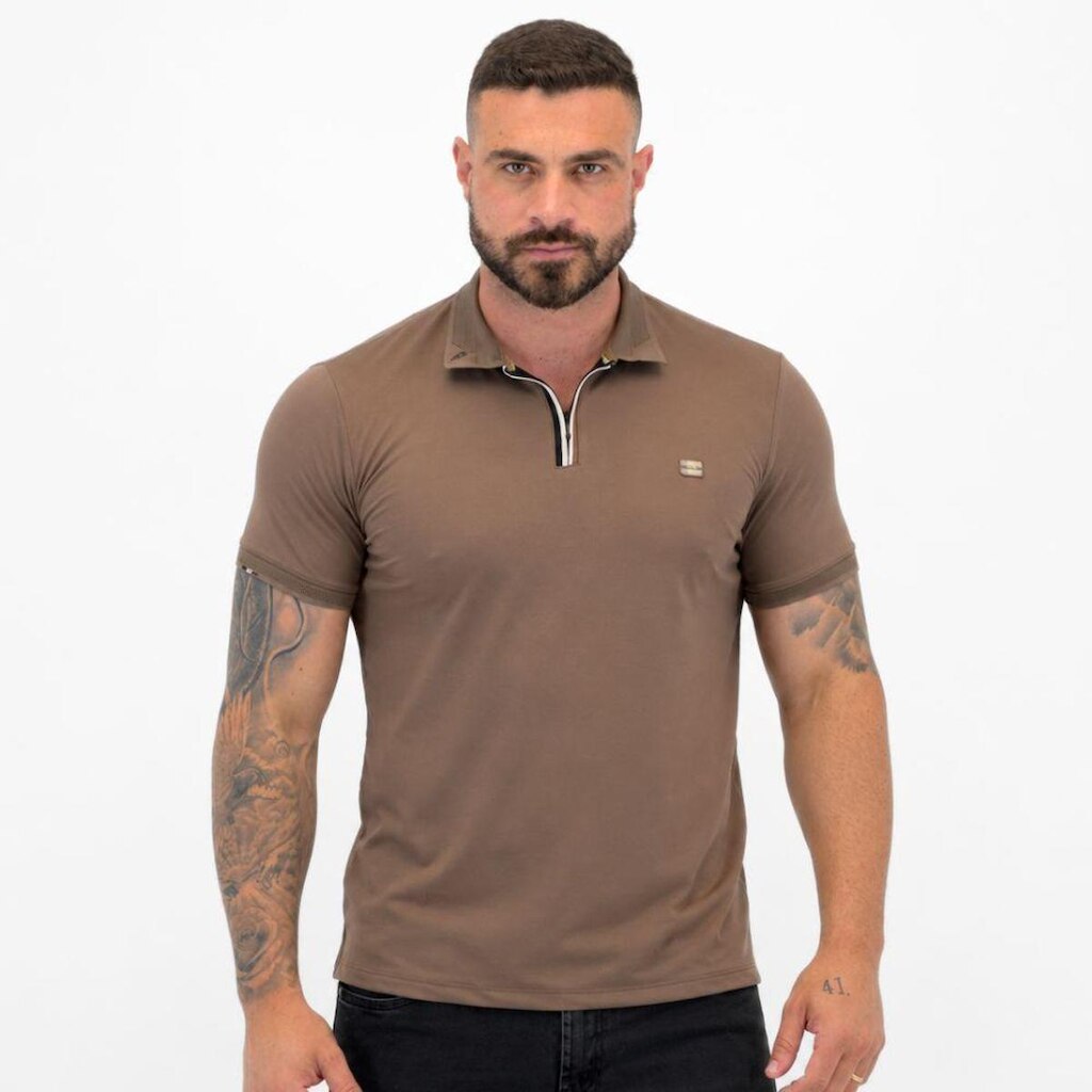 Camisa Polo Sallo Slim com Zíper Manga Curta Masculina