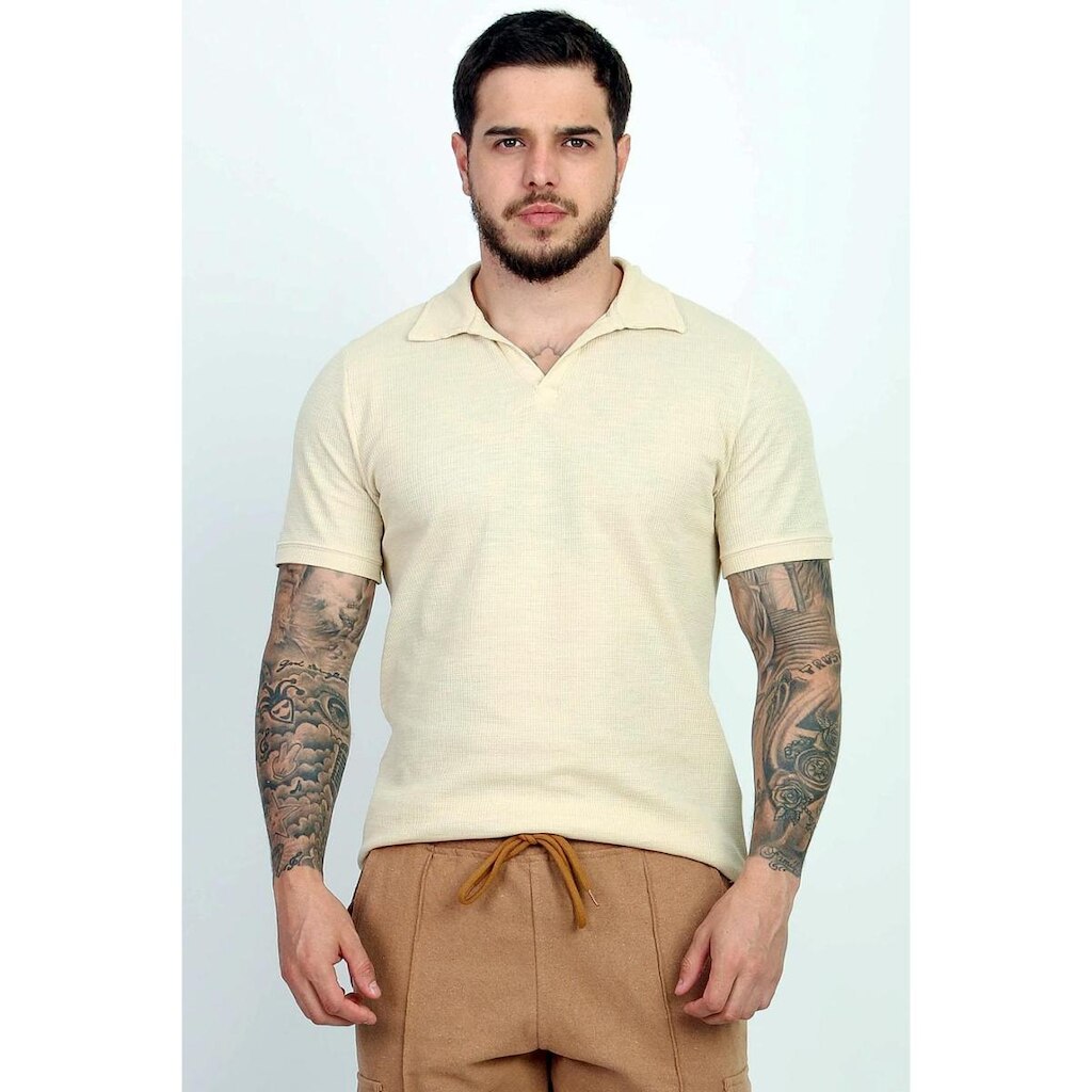 Camisa Polo Sem Botão Texturizada Malha Waffle Tricot Slim
