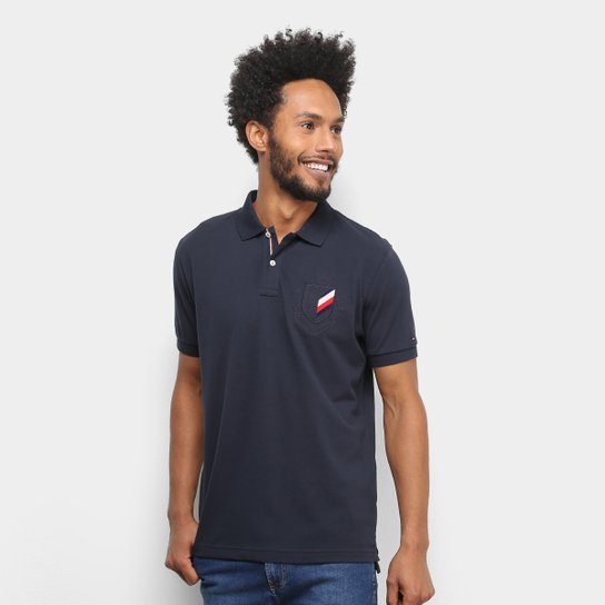 Camisa Polo Tommy Hilfiger Bordada Brasão Masculina - Azul