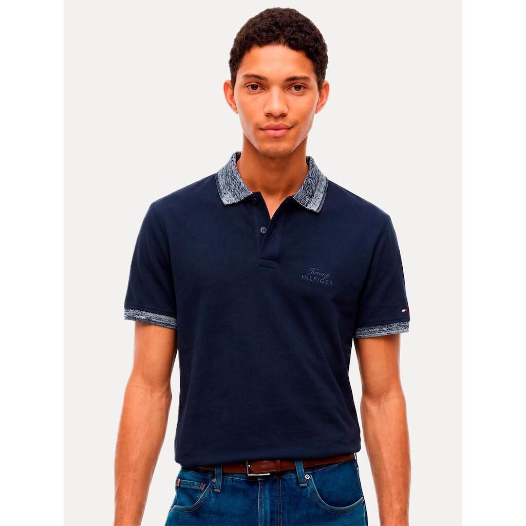 Camisa Polo Tommy Hilfiger Masculina Piquet Regular Melange Collar Azul Marinho