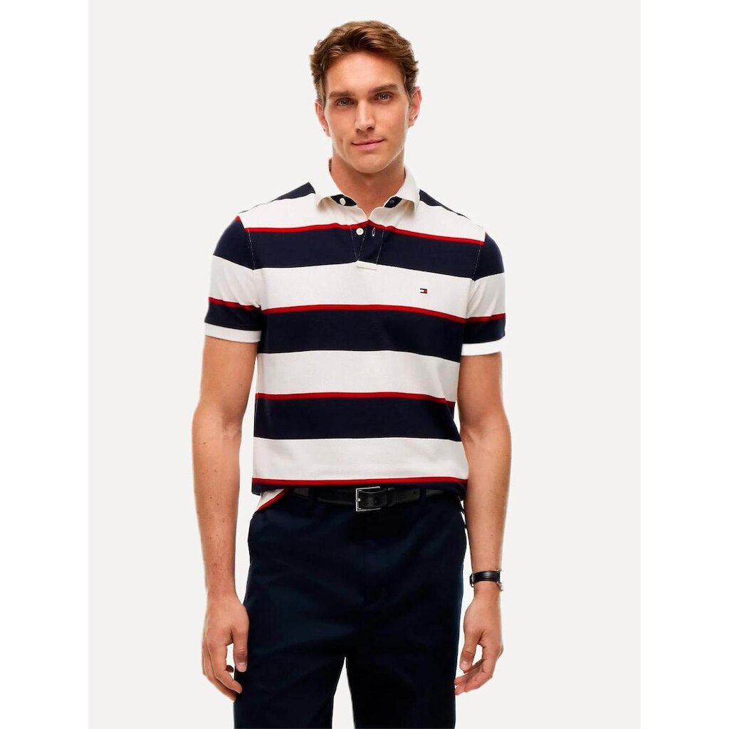Camisa Polo Tommy Hilfiger Masculina Regular Piquet 1985 Striped Cáqui Claro/Marinho
