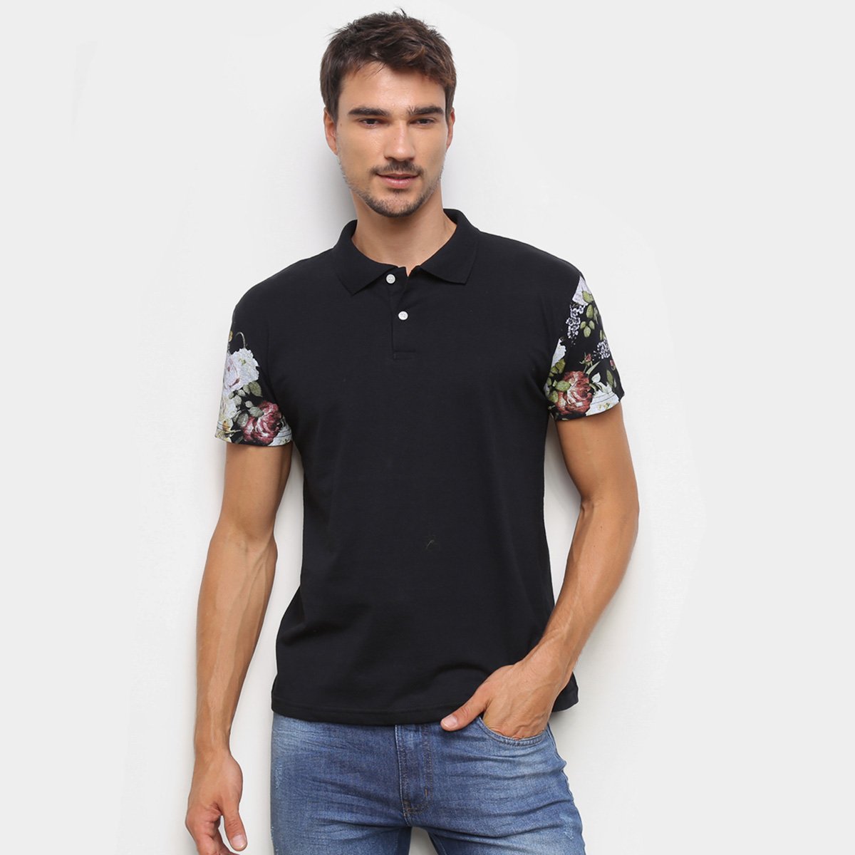 Camisa Polo Ultimato Meia Malha Detalhe Floral Masculina - Preto Menor preço em Camisa Polo Ultimato Meia Malha Detalhe Floral Masculina - Preto