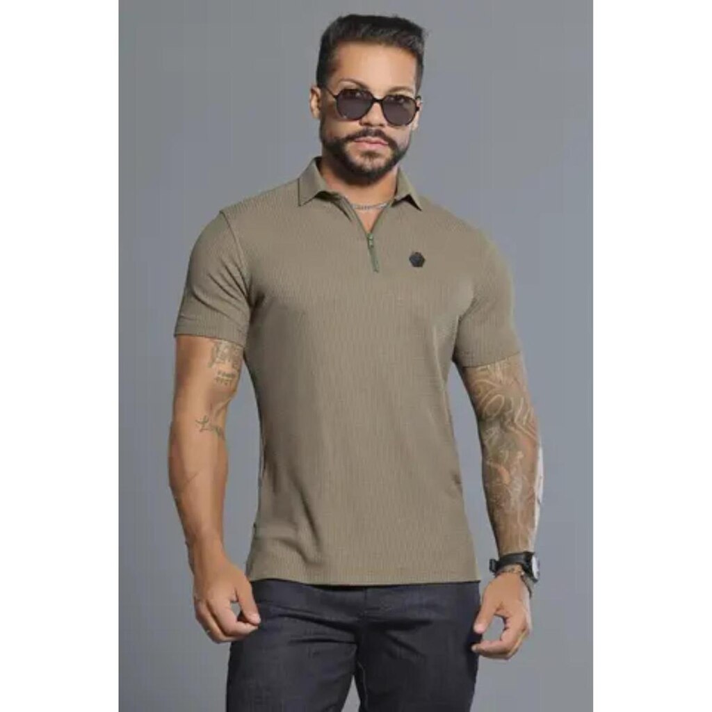 Camisa Polo Verde Musgo com Zíper e Gola Estruturada Pit Bull 88830