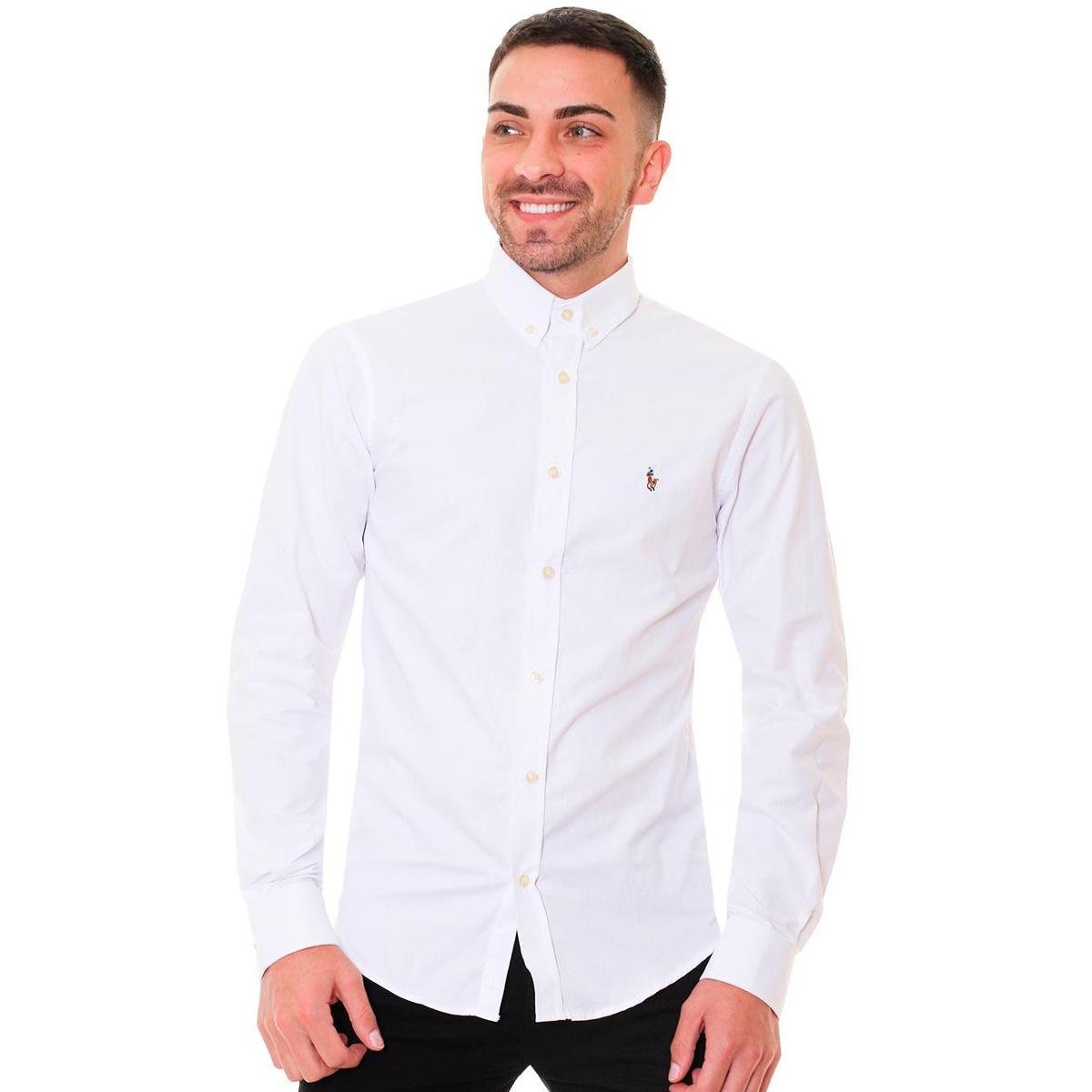 Camisa Ralph Lauren Masculina Oxford Coloured Logo Branca Menor preço em Camisa Ralph Lauren Masculina Oxford Coloured Logo Branca