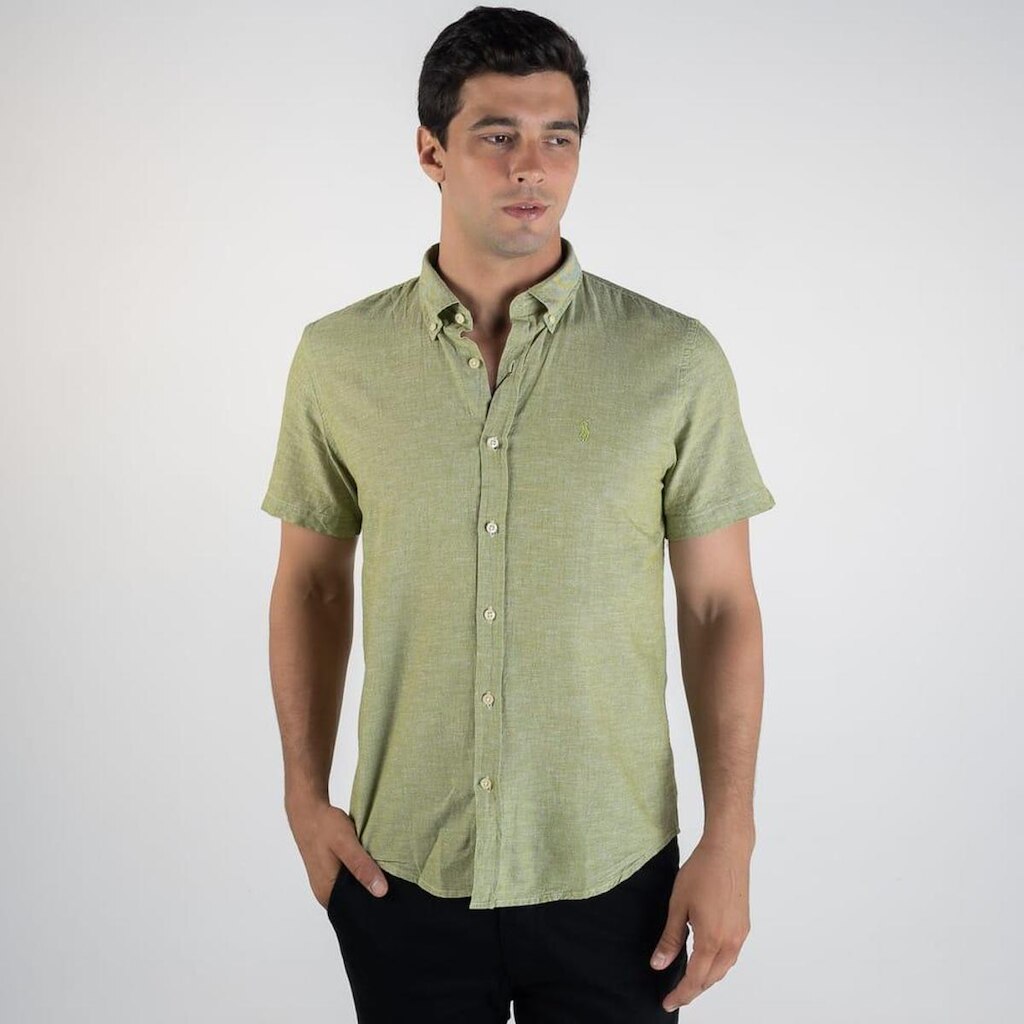 Camisa RL Linho Manga Curta Monocromática Verde
