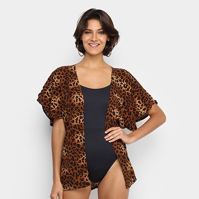 Camisa Saída de Praia Flora Zuu Animal Print Onça Feminina - Feminino