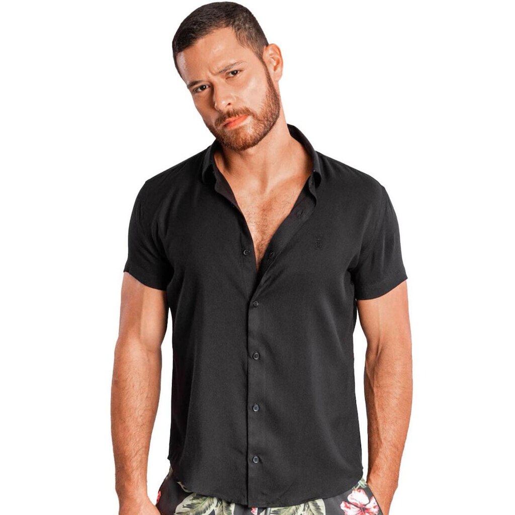 Camisa Sergio K Masculina Manga Curta Regular Viscose Twil Preta