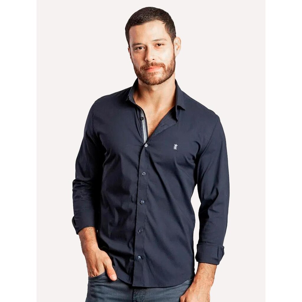 Camisa Sergio K Masculina Slim Fit Elastano Dark Gorgurão Azul Marinho