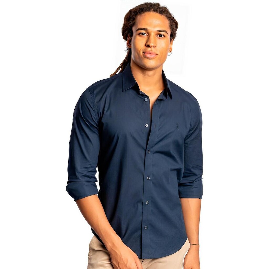 Camisa Sergio K Slim Fit Elastano Lisa Azul Marinho