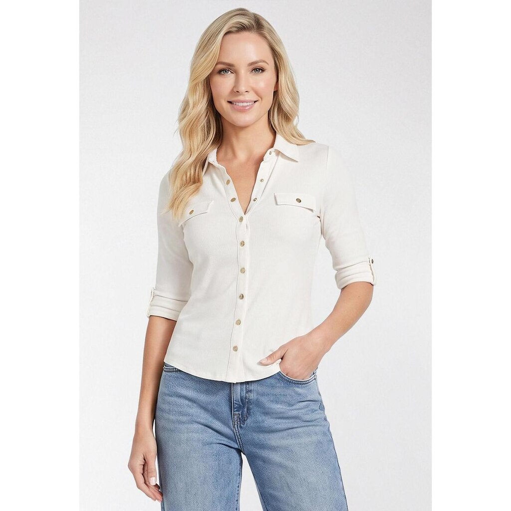 Camisa Slim Canelada com Manga Ajustável Off White