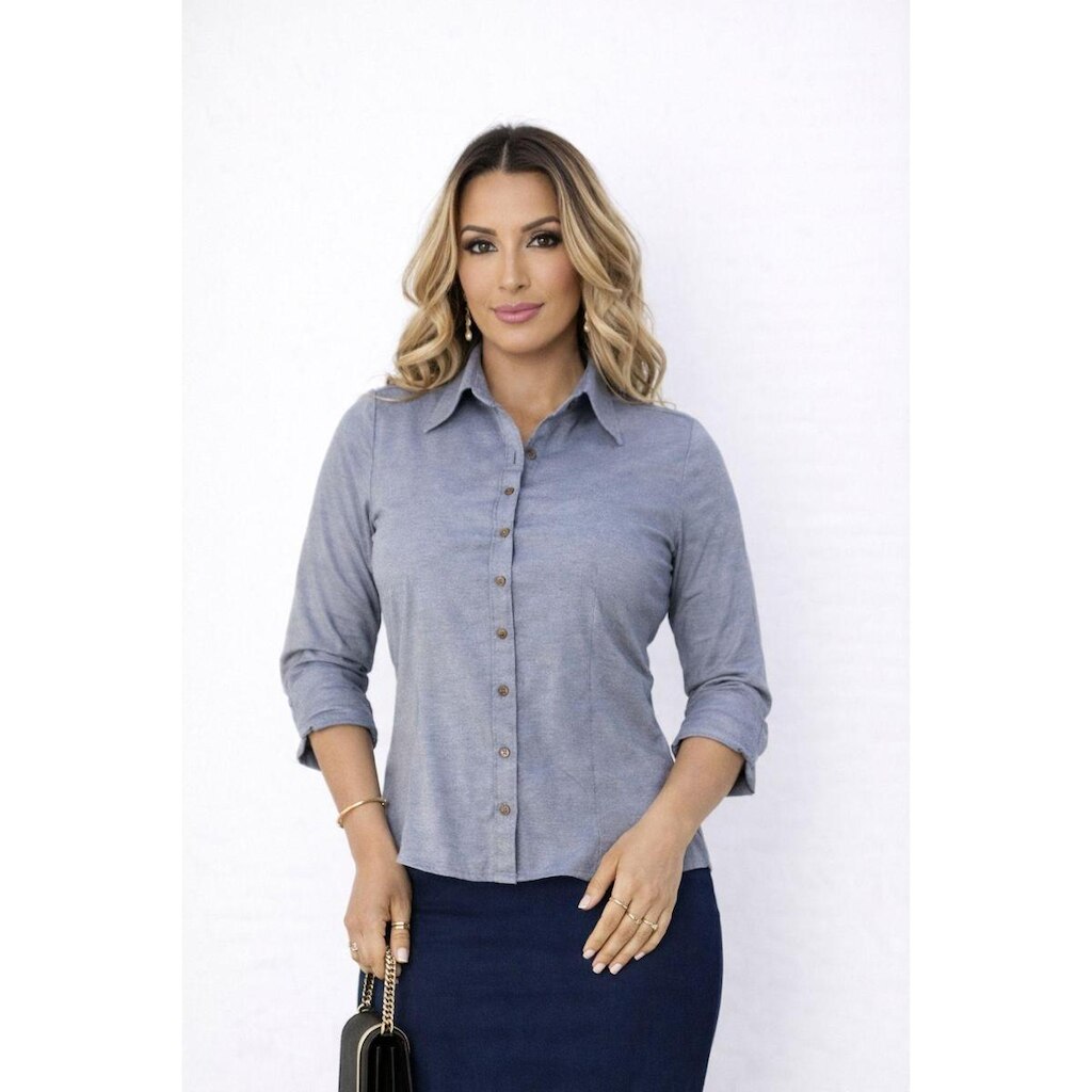 Camisa Social D Bell Outlet Fashion Manga 3/4 Cinza