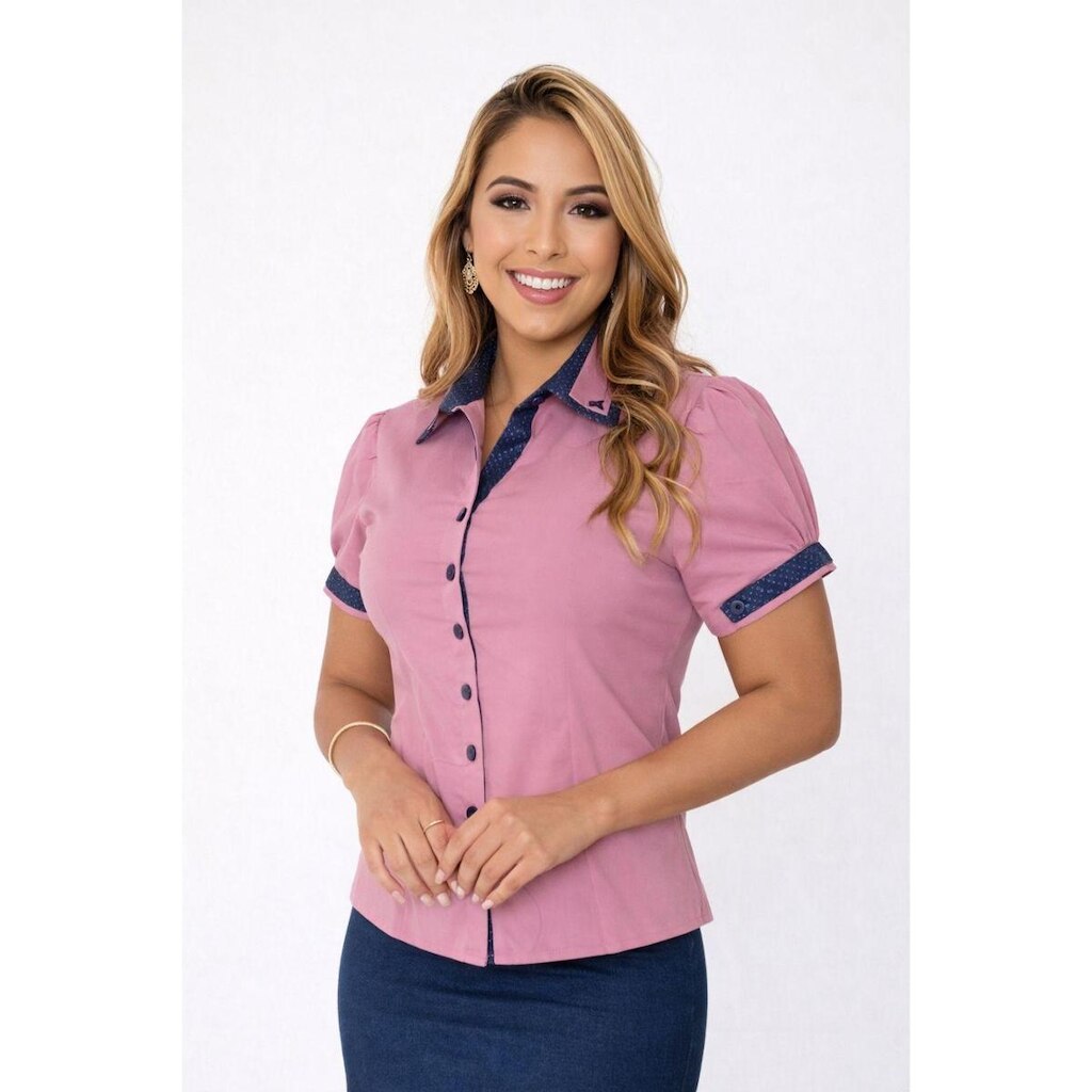 Camisa Social D Bell Outlet Fashion Manga Curta Duas Golas Rosa/Azul Marinho