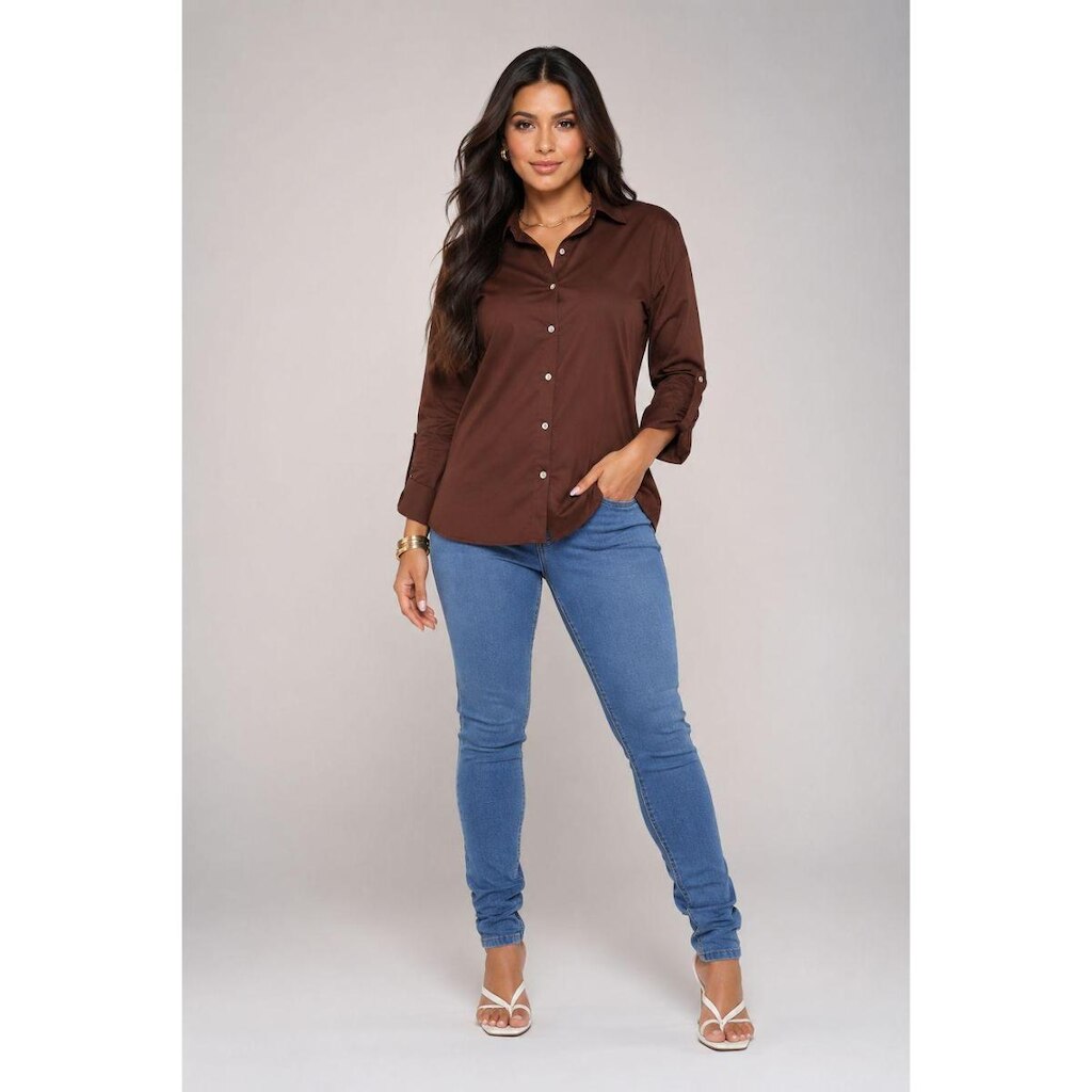 Camisa Social D Bell Outlet Fashion Manga Longa Marrom