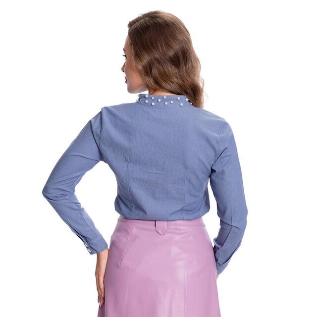 Camisa Social Feminina Bata Jeans Bordada Moderna Teodoro