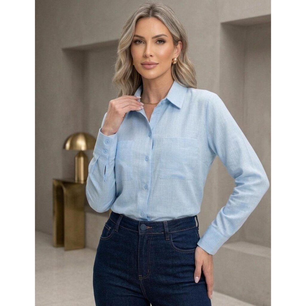 Camisa Social Feminina Com Bolsos Alfaiataria Com Punhos Elegante Leve Confortavel Camisa De Botão