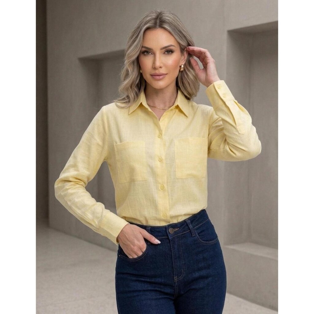 Camisa Social Feminina Com Bolsos Alfaiataria Com Punhos Elegante Leve Confortavel Camisa De Botão