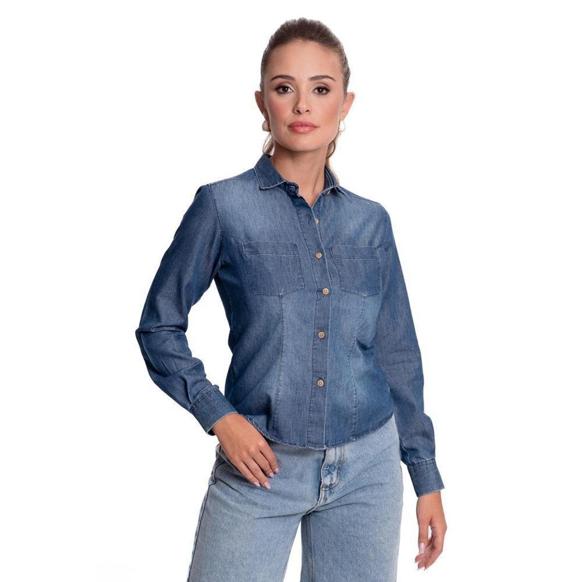 Camisa Social Feminina Jeans Manga Longa Moderna Teodoro Menor preço em Camisa Social Feminina Jeans Manga Longa Moderna Teodoro