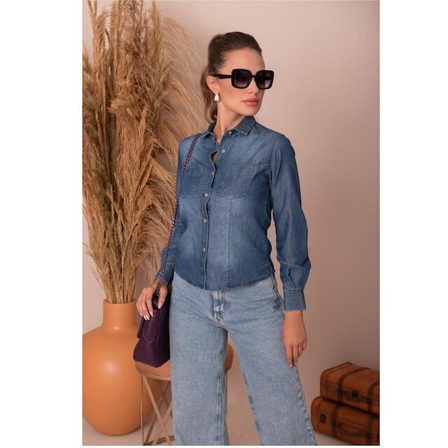 Camisa Social Feminina Jeans Manga Longa Moderna Teodoro