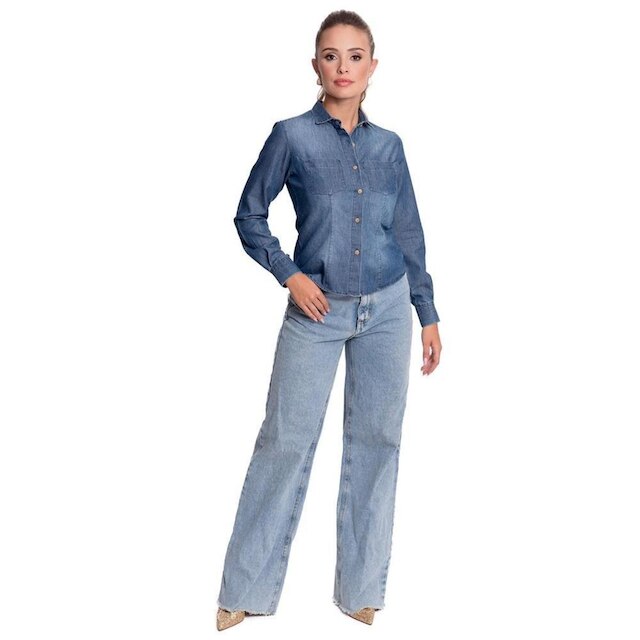 Camisa Social Feminina Jeans Manga Longa Moderna Teodoro