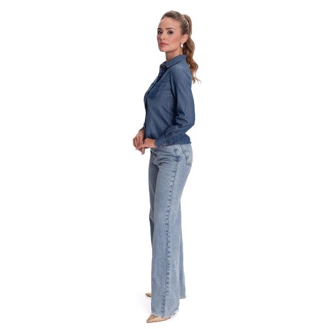 Camisa Social Feminina Jeans Manga Longa Moderna Teodoro