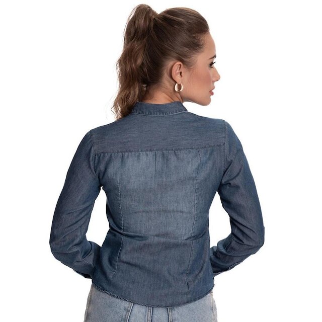 Camisa Social Feminina Jeans Manga Longa Moderna Teodoro