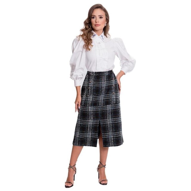 Camisa Social Feminina Manga Bufante Bordado Moderna Teodoro
