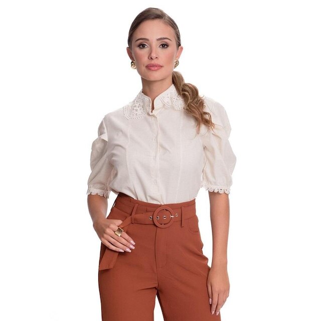 Camisa Social Feminina Manga Curta Bufante Moderna Teodoro