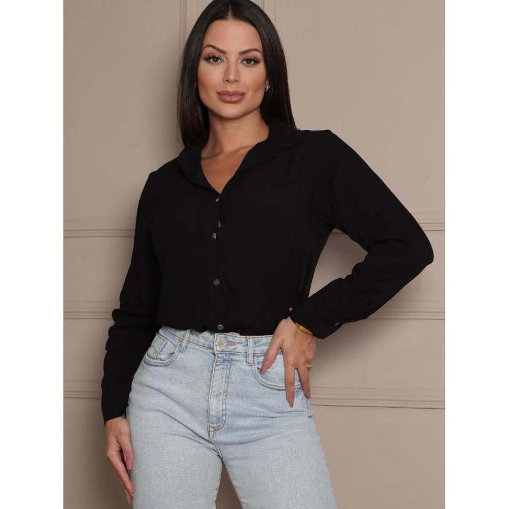 Camisa Social Feminina Manga Longa Com Bolsos Elegante Alfaiataria Gola Colarinho