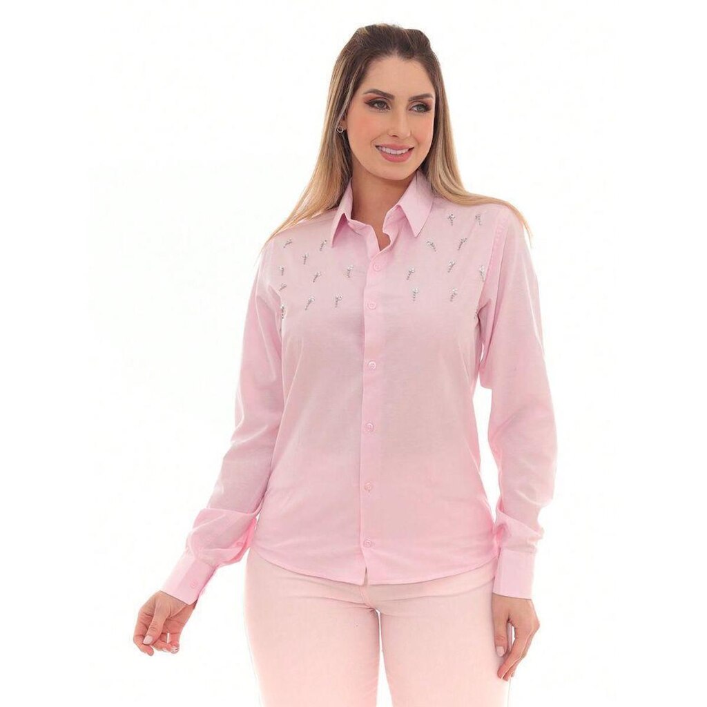 Camisa Social Feminina Manga Longa Slim com Strass