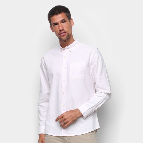 Camisa Social Hering Manga Longa Oxford Slim Masculina - Rosa+Branco