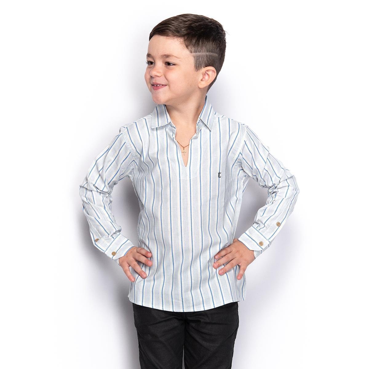 Camisa Social Infantil Menino Manga Longa Listrada Casual - Azul+Branco Menor preço em Camisa Social Infantil Menino Manga Longa Listrada Casual - Azul+Branco