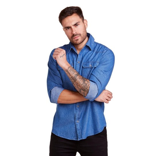 Camisa Social Jeans Manga Longa Masculina