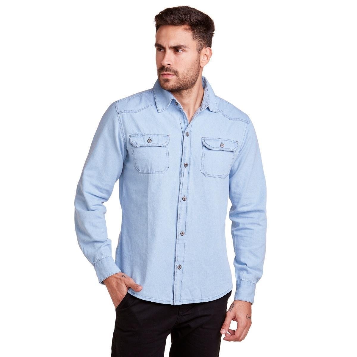 Camisa Social Jeans Manga Longa Masculina Menor preço em Camisa Social Jeans Manga Longa Masculina