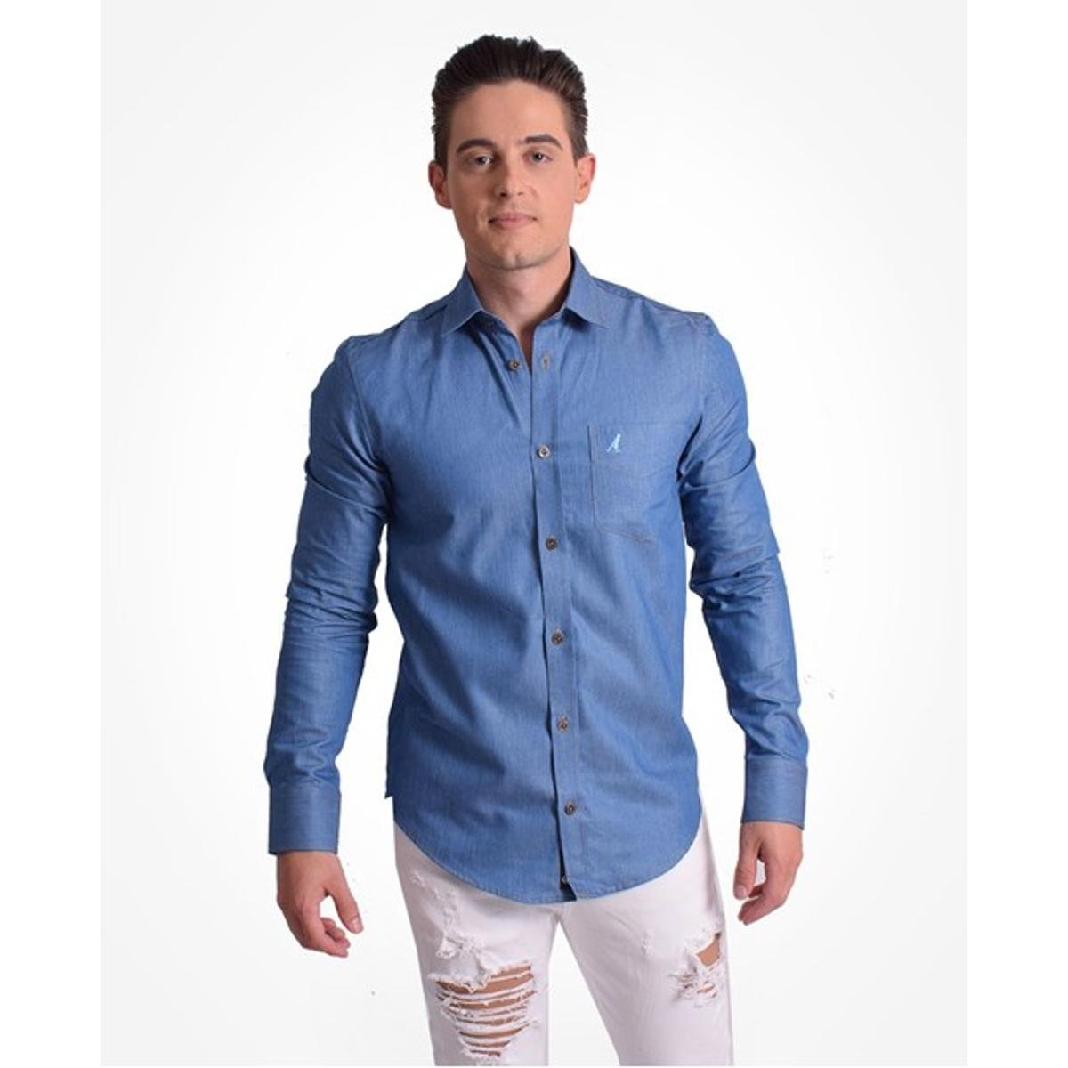 Camisa Social Jeans Masculina Slim - Azul Menor preço em Camisa Social Jeans Masculina Slim - Azul