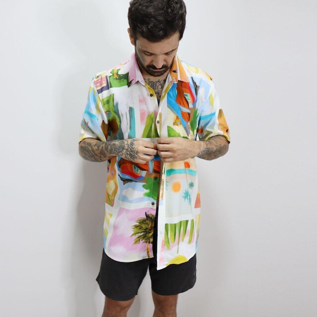 Camisa Social Manga Curta Estampada Viscose Masculina