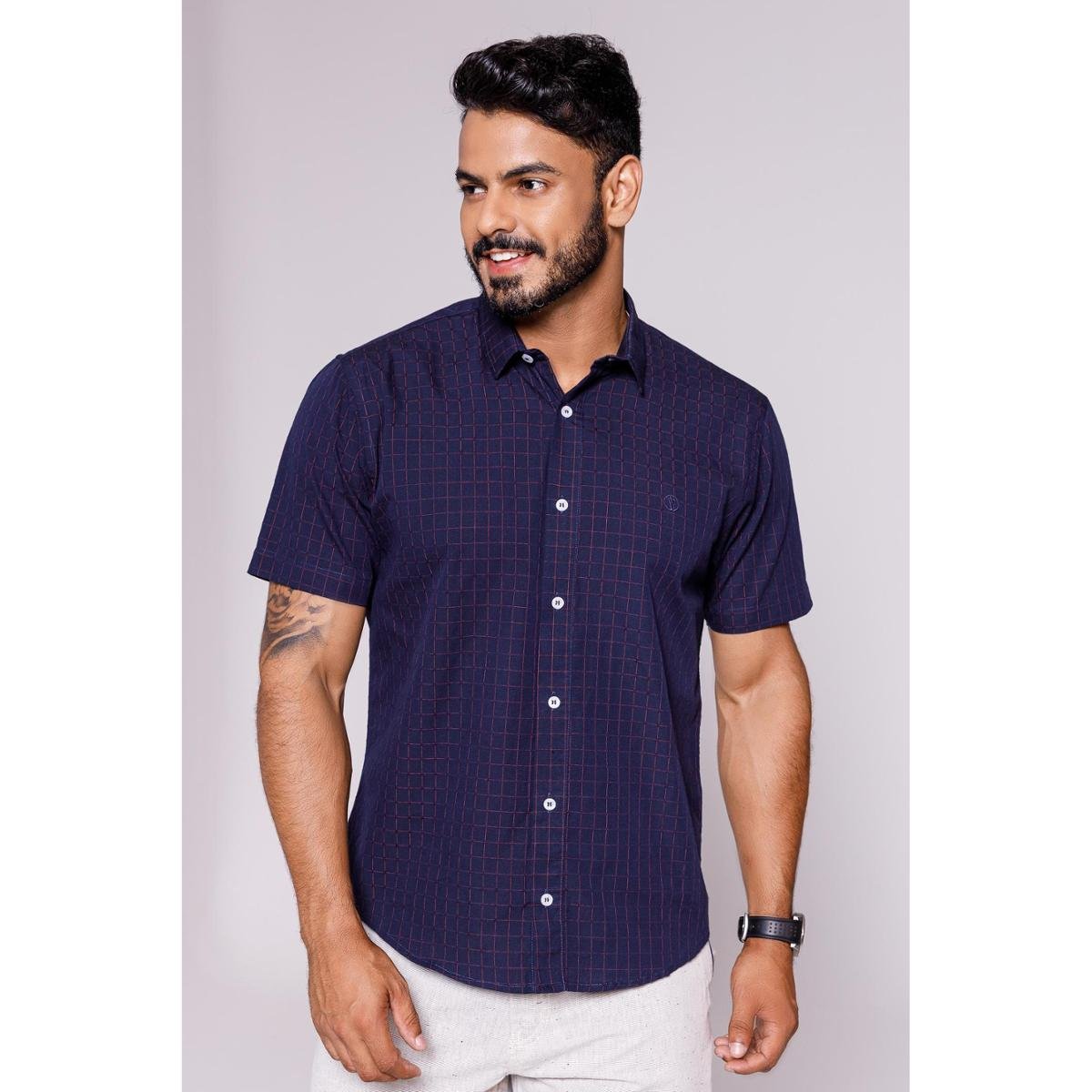 CAMISA SOCIAL MANGA CURTA HILIOS MARINE 100% ALGODÃO - Azul Menor preço em CAMISA SOCIAL MANGA CURTA HILIOS MARINE 100% ALGODÃO - Azul