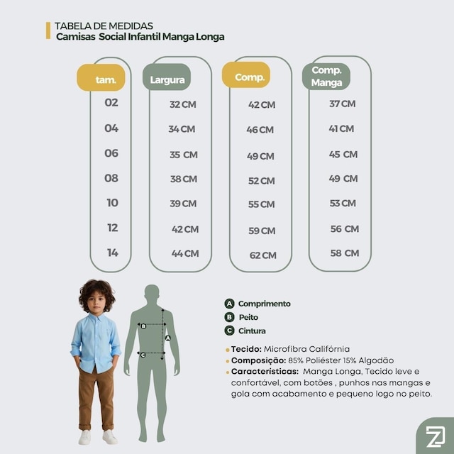 Camisa Social Manga Longa Infantil Algodão