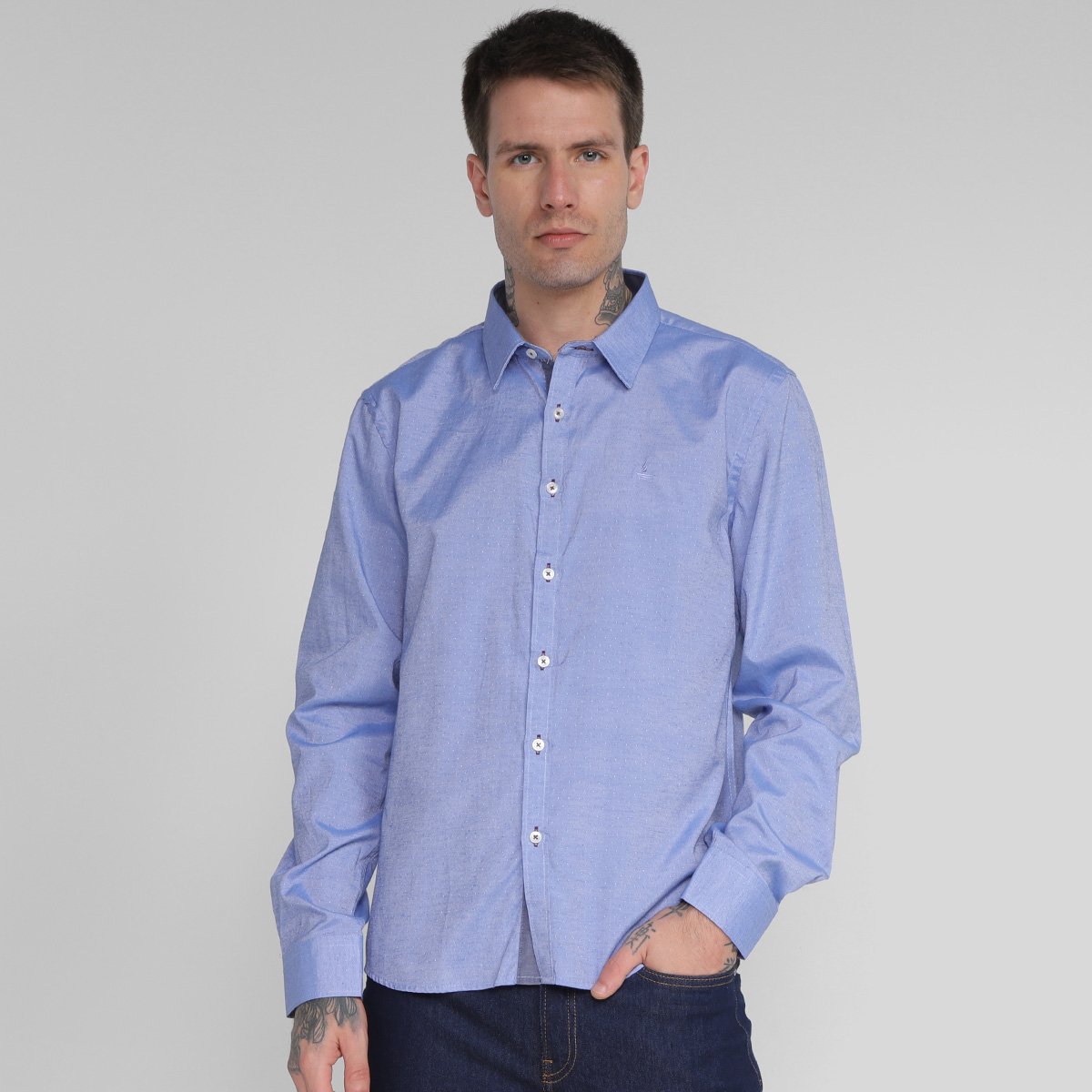 Camisa Social Manga Longa Lucky Sailing Poá Masculina - Azul Menor preço em Camisa Social Manga Longa Lucky Sailing Poá Masculina - Azul