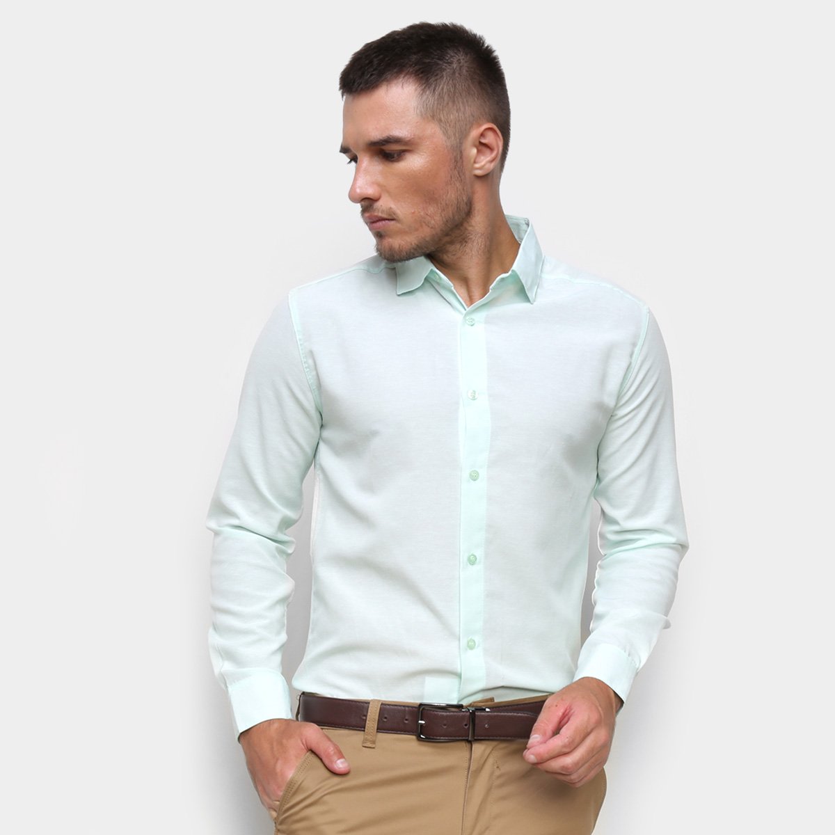Camisa Social Manga Longa Milano Lisa Masculina - Verde Menor preço em Camisa Social Manga Longa Milano Lisa Masculina - Verde