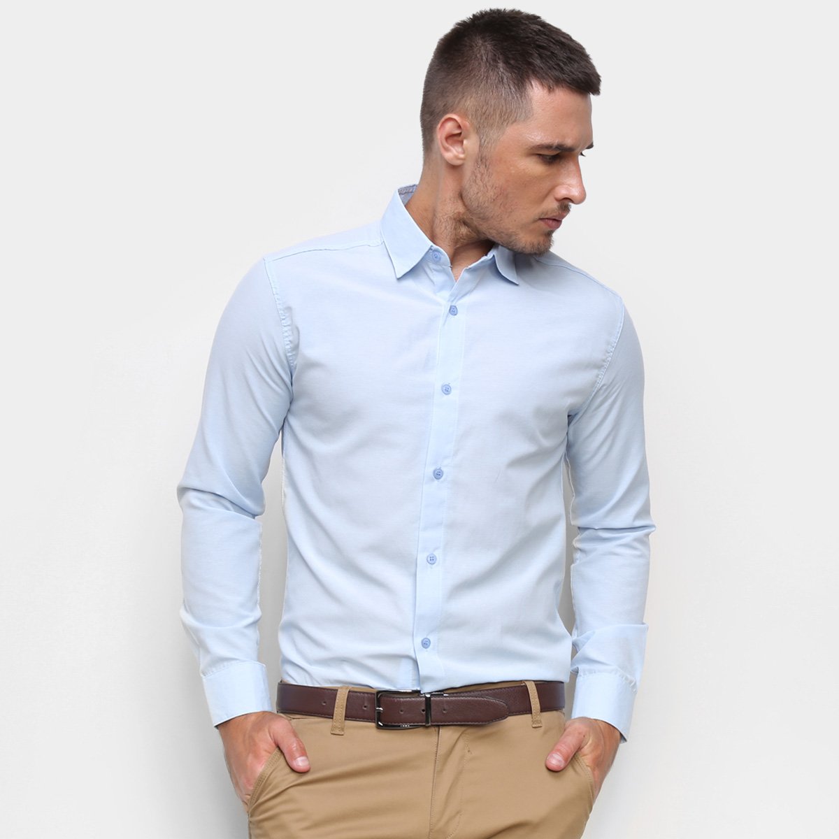 Camisa Social Manga Longa Milano Lisa Masculina - Azul Claro Menor preço em Camisa Social Manga Longa Milano Lisa Masculina - Azul Claro