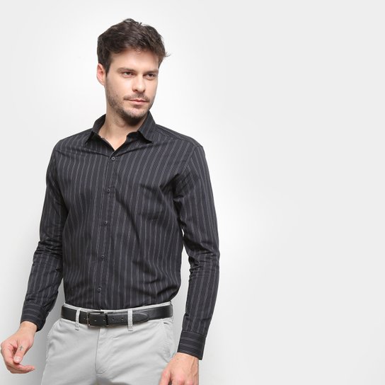 Camisa Social Manga Longa Milano Listra Duo Masculina - Preto