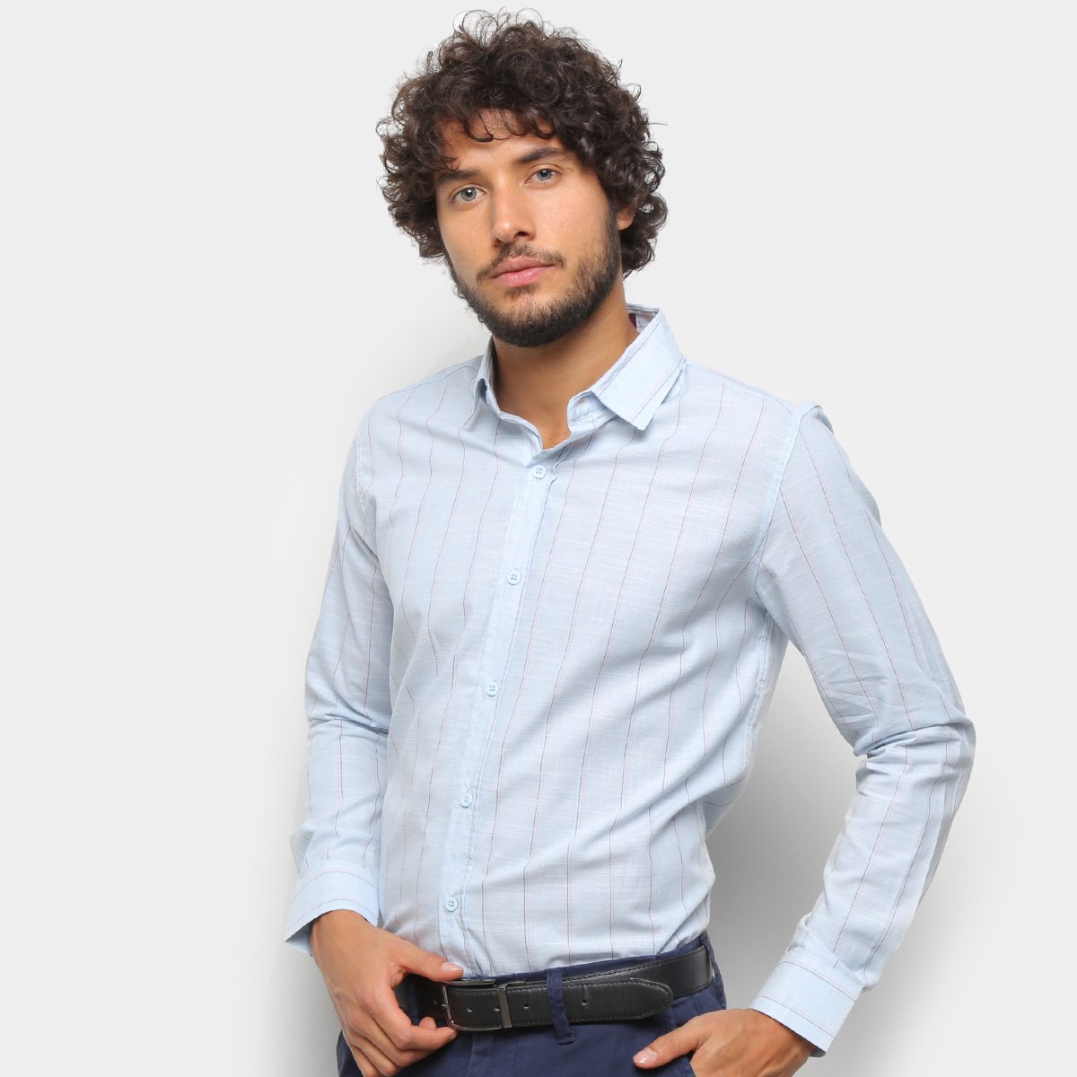 Camisa Social Manga Longa Milano Listrada Masculina - Azul Menor preço em Camisa Social Manga Longa Milano Listrada Masculina - Azul