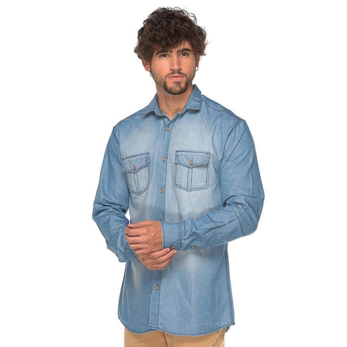 Camisa Social Manga Longa Slim Jeans Leve Bolsos Casual - Azul Menor preço em Camisa Social Manga Longa Slim Jeans Leve Bolsos Casual - Azul