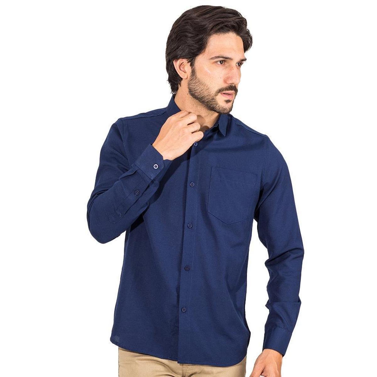 Camisa Social Masculina Com Bolso Manga Longa Tricoline Lisa - Azul Escuro Menor preço em Camisa Social Masculina Com Bolso Manga Longa Tricoline Lisa - Azul Escuro