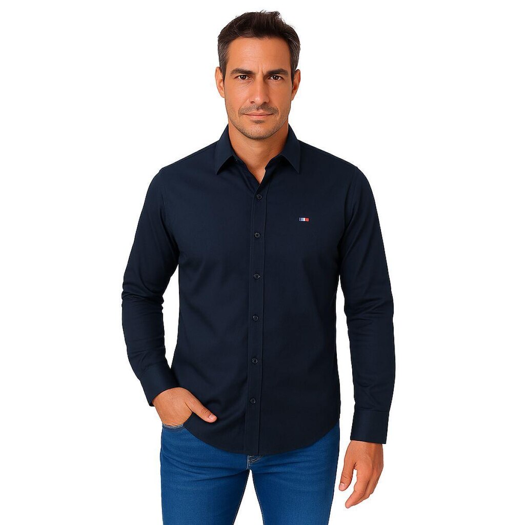 Camisa Social Masculina FMF Marinho Itália Premium Slim Fit Manga Longa