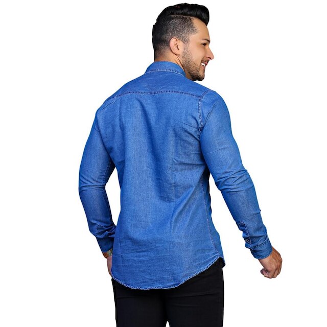 Camisa Social Masculina Jeans Manga Longa Slim 100% Algodão