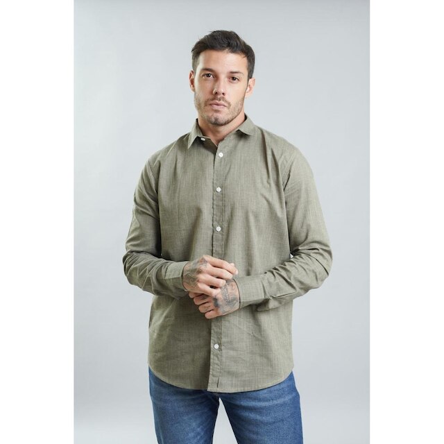 Camisa Social Masculina Manga Longa Gola Polo em Algodão
