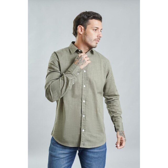 Camisa Social Masculina Manga Longa Gola Polo em Algodão