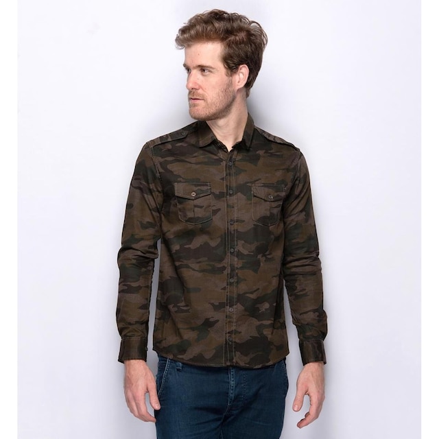Camisa Social Masculina Manga Longa Sarja Camuflada Militar